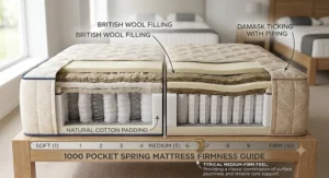 Firmness rating guide explaining the typical medium to firm feel of a classic 1000 pocket spring mattress.