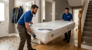 Graphic showing two delivery couriers bringing a new 1000 pocket spring mattress into a British home.