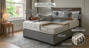 Graphic demonstrating the medium firm tension and supportive contouring of a 1000 pocket spring mattress.