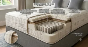 Illustration detailing the reinforced side stitching and edge-to-edge support of a premium 1000 pocket spring mattress.