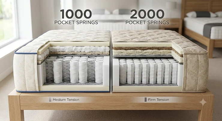 A side by side comparison of a 1000 versus a 2000 pocket spring mattress showing the difference in coil count and tension.