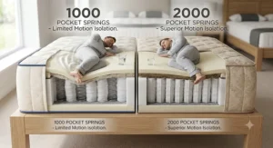 Graphic showing how a 2000 pocket spring mattress isolates movement better than a 1000 spring model to prevent partner disturbance.