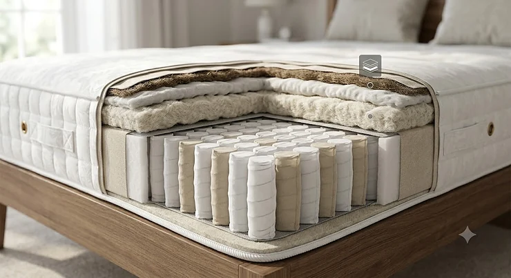 Cutaway diagram of a 2000 pocket spring mattress showing individual pocketed springs and natural fillings