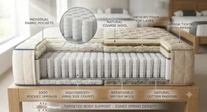 Detailed internal view of a 2000 pocket spring mattress demonstrating a higher density of smaller springs for targeted body support.