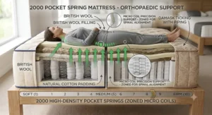 Diagram highlighting the orthopaedic back support provided by the micro coils in a 2000 pocket spring mattress.