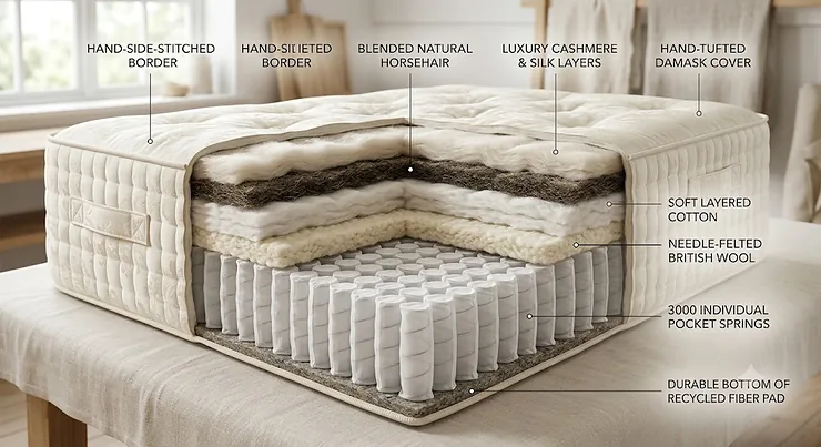 Cross section diagram showing the luxury natural fillings and 3000 pocket spring mattress construction.