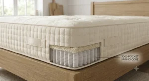 Illustration of the hand-stitched side borders and turning handles on a premium 3000 pocket spring mattress.