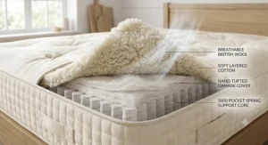 Close up illustration of the breathable British wool and cotton comfort layers topping a 3000 pocket spring mattress.