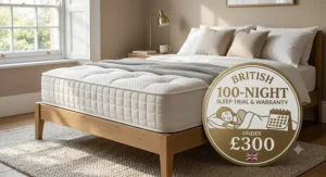 An illustration showcasing a value for money pocket sprung mattress under £300 with a British 100-night sleep trial and warranty badge
