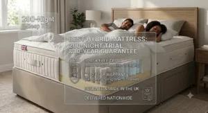 Illustration representing a risk-free 200-night sleep trial and 10-year warranty for a UK hybrid mattress.