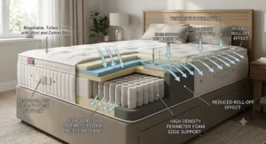 Diagram illustrating reinforced edge support along the pocket spring border of a UK hybrid mattress.