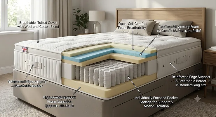 Cross-section illustration showing the internal layers of a top-rated UK hybrid mattress, featuring pocket springs and memory foam. best hybrid mattress