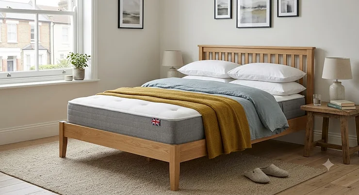 A comfortable hybrid mattress under 500 pounds shown in a modern British bedroom setup.