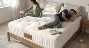 An illustration demonstrating zero motion transfer and no roll-together on a high-quality pocket sprung mattress for couples.
