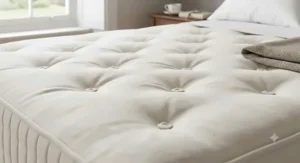 Close up of the tufted surface of a premium pocket sprung mattress engineered to alleviate lower back pain.