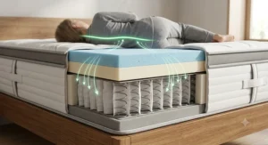 Close-up diagram of the breathable knitted cover designed for airflow and temperature regulation on a foam and spring hybrid mattress.