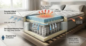 Airflow diagram showing breathable mesh and cooling gel memory foam in a hybrid mattress for heavy people.