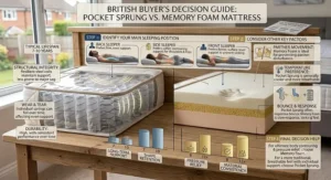A decision guide helper illustration to assist British buyers choosing between a pocket sprung vs memory foam mattress based on sleeping position.