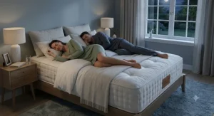 Line drawing of a couple sleeping peacefully and comfortably on a supportive pocket sprung mattress without roll-together.