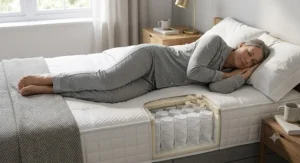 A person sleeping soundly on their side on a comfortable pocket sprung mattress under £300 providing pressure relief for hips and shoulders