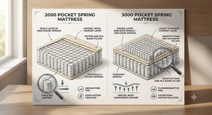 A side-by-side comparison infographic showing the core differences between a 2000 and 3000 pocket spring mattress. 2000 vs 3000 pocket spring mattress