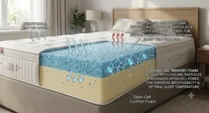 Illustration highlighting breathability and temperature regulation in a cooling gel foam hybrid mattress layer.