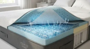 Temperature-regulating cool gel layer in a hybrid mattress for couples