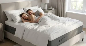 Couple sleeping soundly on a kingsize hybrid mattress with zero motion transfer