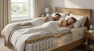 A couple sleeping comfortably on a pocket sprung mattress that prevents motion transfer to protect a bad back.