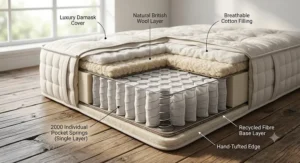 Cross-section illustration of a 2000 pocket spring mattress showcasing a single layer of pocketed steel coils and natural fillings.