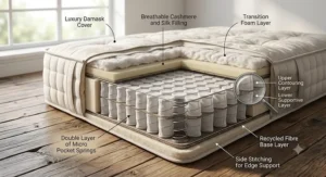 Cross-section diagram of a 3000 pocket spring mattress displaying a double layer of micro pocket springs for contouring support.