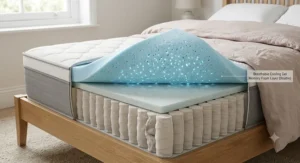 Detail of the breathable cooling gel memory foam layer on a budget double hybrid mattress.