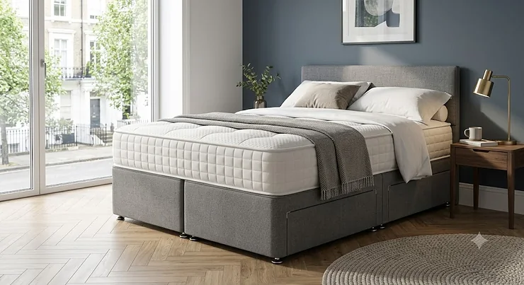 A double pocket sprung mattress under £300 styled on a classic British grey upholstered divan bed base in a modern bedroom