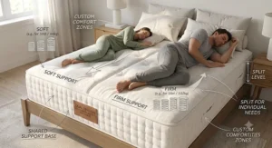 An illustration showing a split or dual tension pocket sprung mattress for couples with different body weights and firmness preferences.