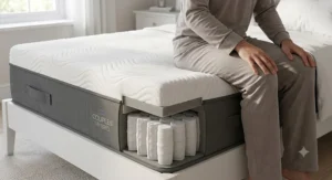 Reinforced edge support on a hybrid mattress designed for couples sharing a bed