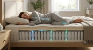 Side view of a person sleeping on a firm pocket sprung mattress maintaining healthy spinal alignment.
