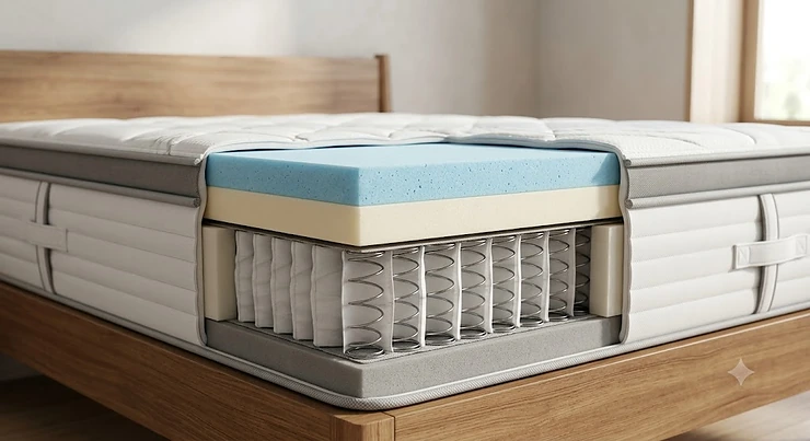 Cross-section illustration showing the interior memory foam and pocket spring layers of a hybrid mattress.