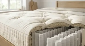 Detailed view of the traditional hand tufted details on a high quality 3000 pocket spring mattress.