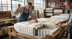Craftsmen hand-tufting a luxury pocket spring mattress in a UK workshop, showcasing British heritage craftsmanship.