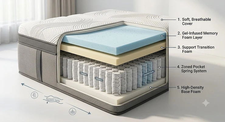 Cross-section diagram of a hybrid mattress for back pain showing pocket springs and memory foam layers.