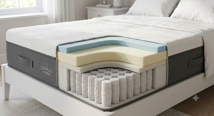 Detailed cross section of a hybrid mattress for couples showing pocket springs and memory foam layers