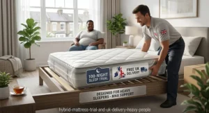 Graphic showcasing a 100-night sleep trial and free UK delivery for a heavy-duty hybrid mattress for heavy people.