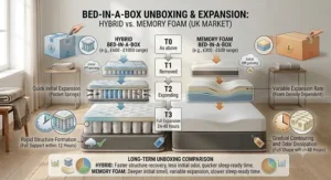 Illustration showing unboxing, setup, and off-gassing expansion process of hybrid and memory foam bed-in-a-box mattresses.