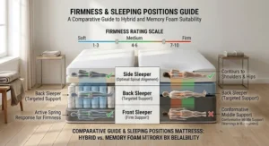 Guide chart comparing firmness ratings and suitability for front, back, and side sleepers on hybrid and memory foam mattresses.