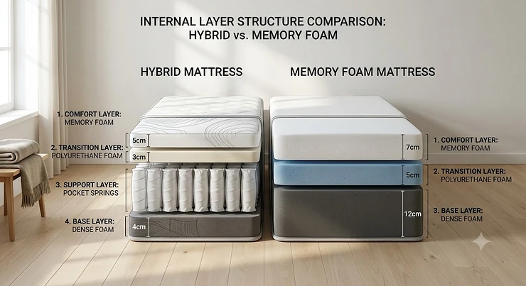 Diagram comparing the internal layer construction of a hybrid mattress with pocket springs to a solid memory foam mattress. hybrid vs memory foam mattress