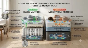 Diagram illustrating spinal alignment and orthopaedic pressure relief for side and back sleepers on hybrid and memory foam mattresses.