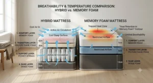 Illustration showing airflow through pocket sprung coils in a hybrid mattress versus heat retention in traditional memory foam.