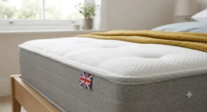 Close up of the soft knitted hypoallergenic cover on a UK hybrid mattress under 500 pounds.