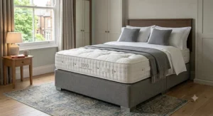 A premium king size 1000 pocket spring mattress placed on a contemporary grey fabric divan base.