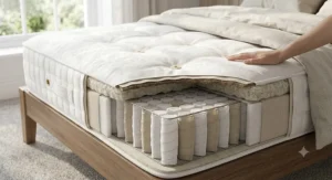 Close-up of a king size 2000 pocket spring mattress showing edge-to-edge support and tufted surface